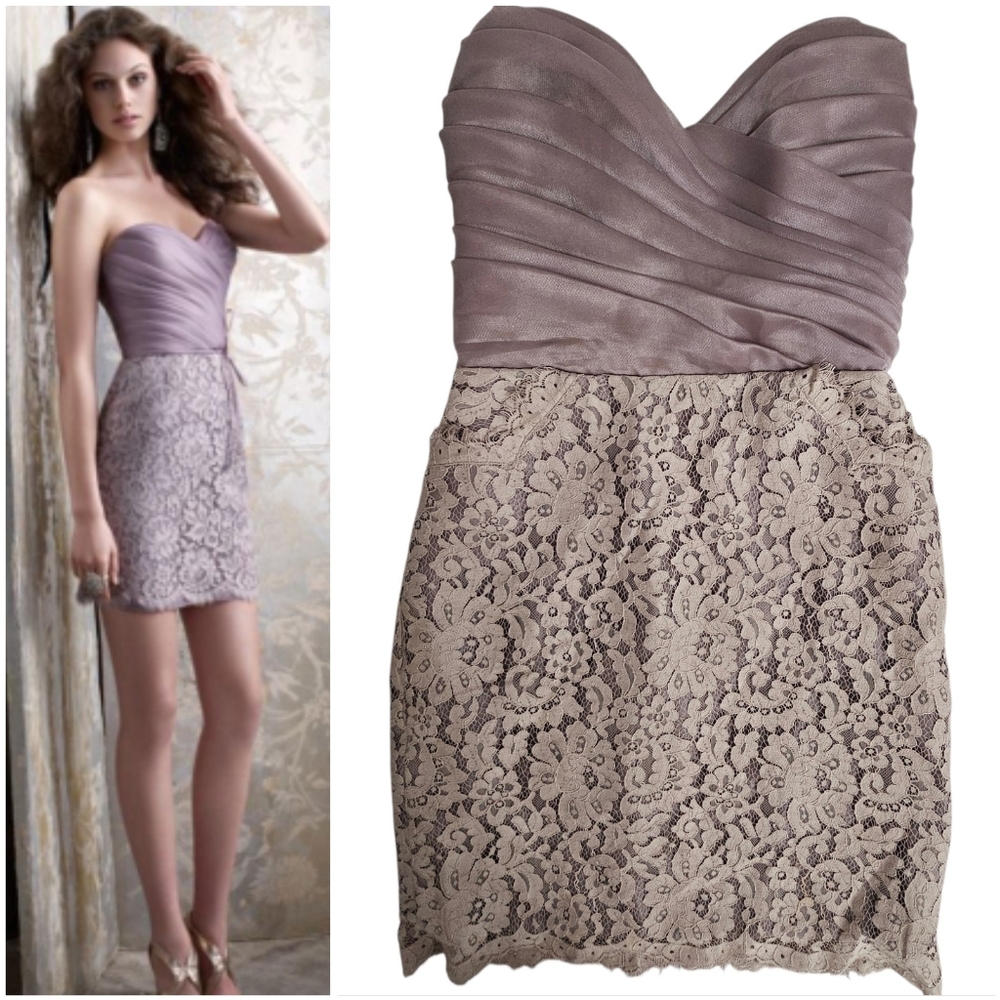 NOIR By Lazaro Taupe Strapless Ruched Satin/Lace Sweetheart Cocktail Dress